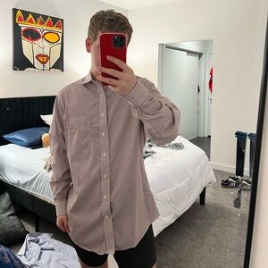 Burgundy and white striped button-up shirt
